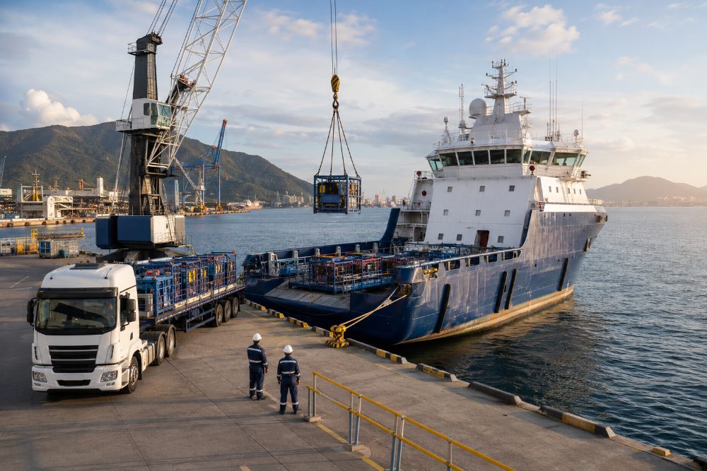 Caminhões ao lado de embarcação de apoio offshore no porto